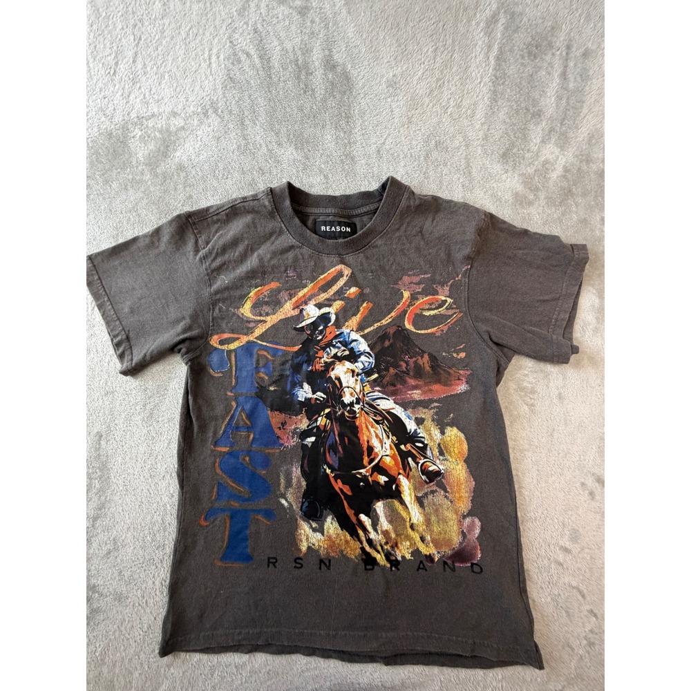 Reason Graphic T-Shirt Mens Size Medium Black Live Fast Cowboy Horse RSN Brand